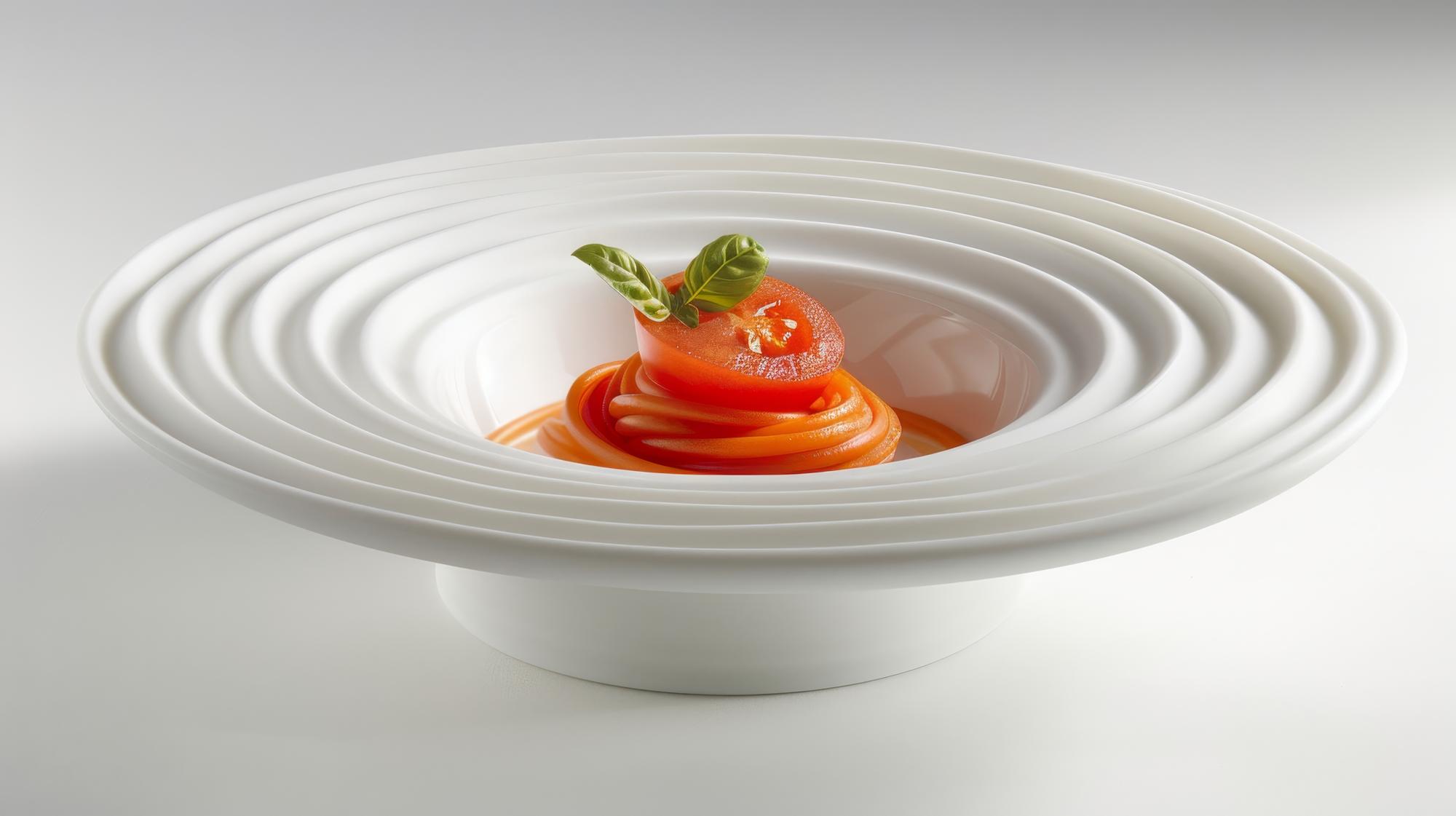 Finished bowl with layered components and tech garnish